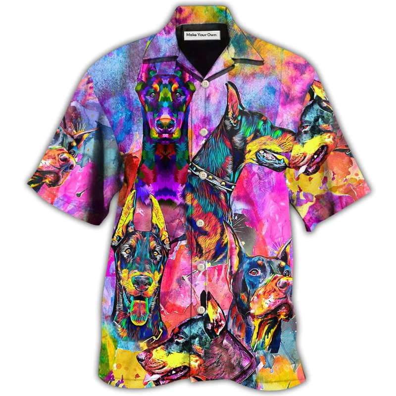 Colorful Artistic Doberman Hawaiian Shirt For Tropical Escapes Resort Wear And Outdoor Celebrations