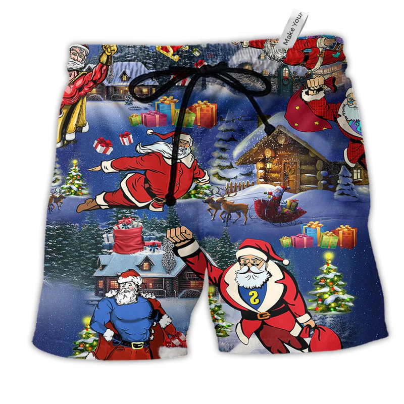 Christmas Flying Super Santa Hawaiian Print Beach Shorts For Festive Vacation Wear
