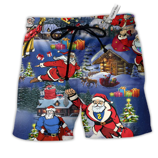 Christmas Flying Super Santa Hawaiian Print Beach Shorts For Festive Vacation Wear