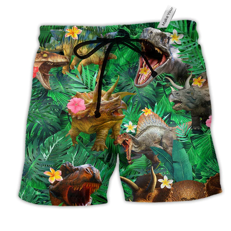 Dinosaur Aloha Colorful Style Hawaiian Print Beach Shorts For Resort Trips And Poolside Style