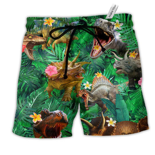 Dinosaur Aloha Colorful Style Hawaiian Print Beach Shorts For Resort Trips And Poolside Style