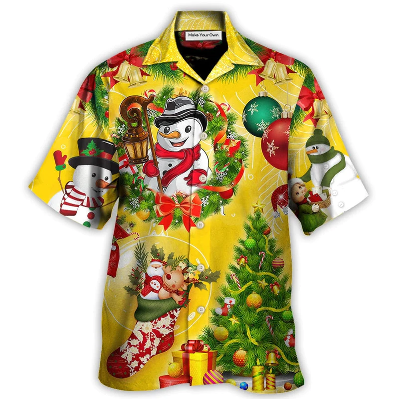 Funny Happy Yellow Snowman Christmas Tree Light Hawaiian Shirt Artwork Detail For Tropical Trips And Casual Outings