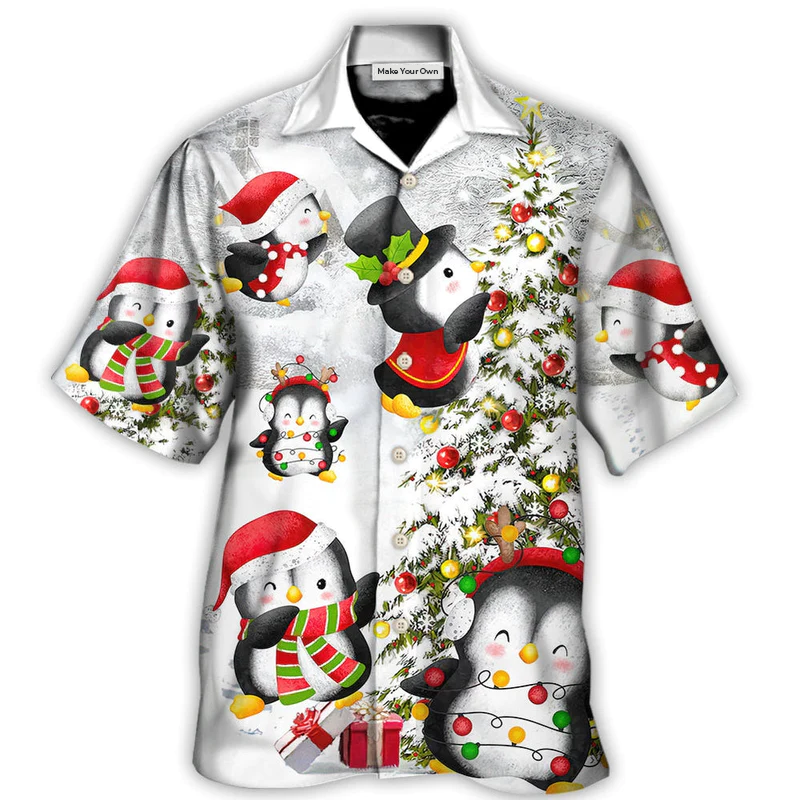 Christmas Penguin Family Hawaiian Shirt Print Closeup For Coastal Travel