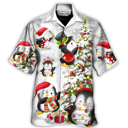 Christmas Penguin Family Hawaiian Shirt Print Closeup For Coastal Travel