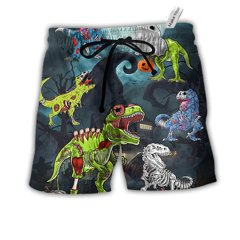 Halloween Zombie Saurus Scary Hawaiian Print Beach Shorts For Striking Resort Looks