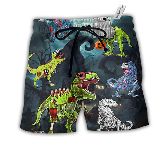 Halloween Zombie Saurus Scary Hawaiian Print Beach Shorts For Striking Resort Looks