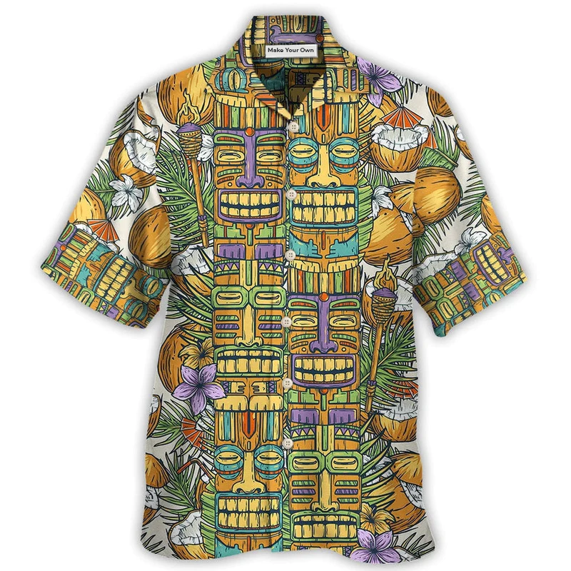 Tropical Tiki Tradition Tribal Mask Coconut Hawaiian Shirt Pattern Detail For Vacation Travel And Daily Wear