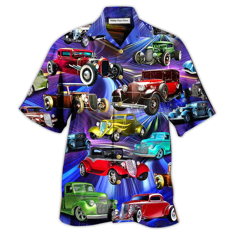 Red Green Classic Car Hawaiian Shirt For Island Holidays Summer Parties And Casual Outdoor Wear