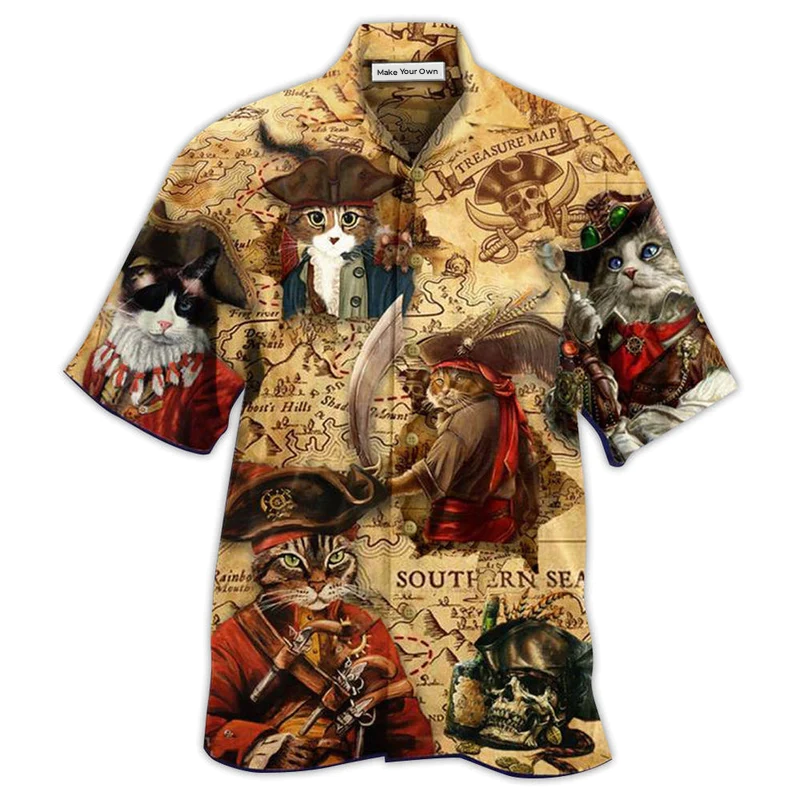 Cat Nautical Pirate Amazing Hawaiian Shirt Artwork Detail For Resort Trips And Outdoor Activities