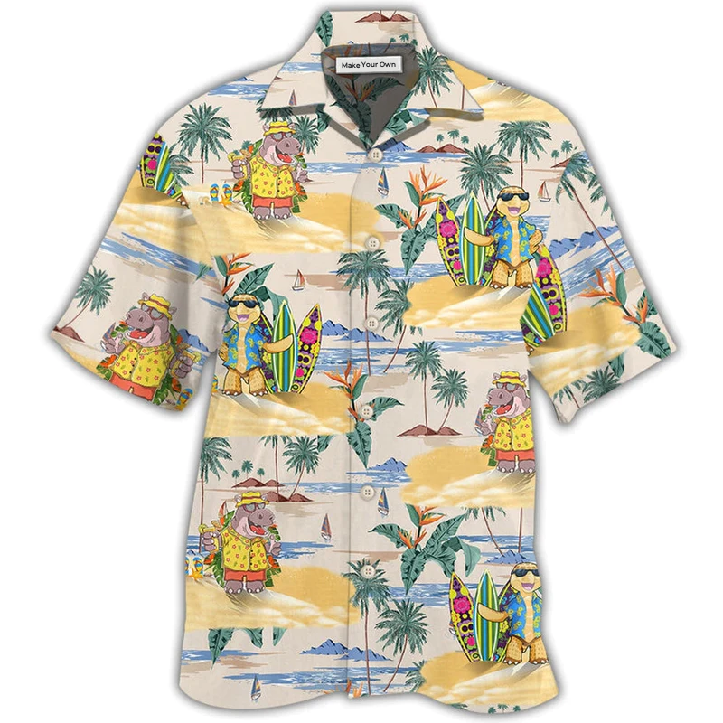 Tropical Turtle Cartoon Hippo Hawaiian Shirt For Coastal Adventures And Warm Weather Wear