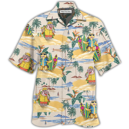 Tropical Turtle Cartoon Hippo Hawaiian Shirt For Coastal Adventures And Warm Weather Wear