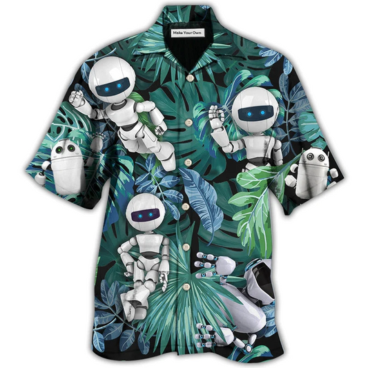 Tropical Robot Leaf Excited Hawaiian Shirt Artwork View For Weekend Travel And Beach Style