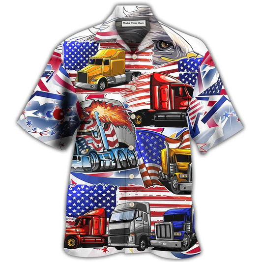 Truck USA Flag Independence Day Hawaiian Shirt Design View For Casual Summer Styling