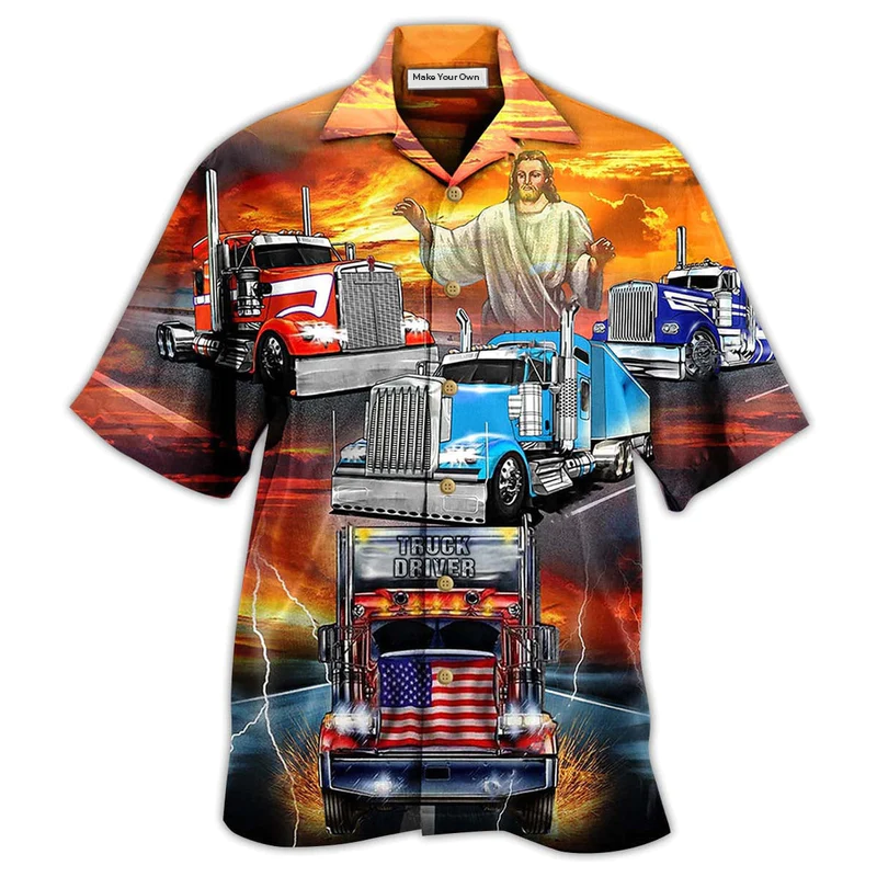 Truck Driver Faith Bless Sunset Hawaiian Shirt Pattern Detail For Vacation Travel And Daily Wear