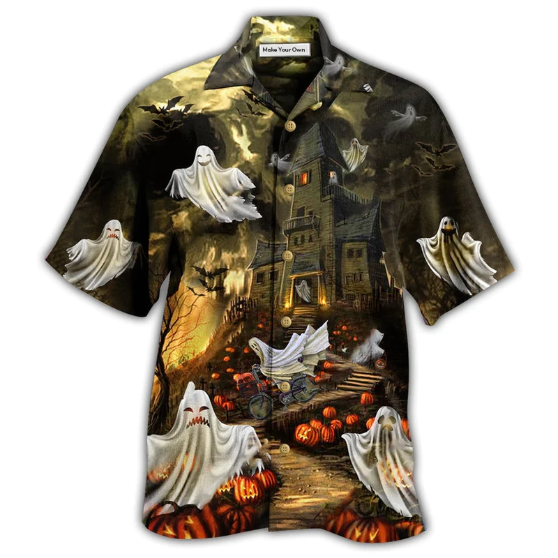 Halloween Night Ghost Hawaiian Shirt Artwork Detail For Tropical Trips And Casual Outings