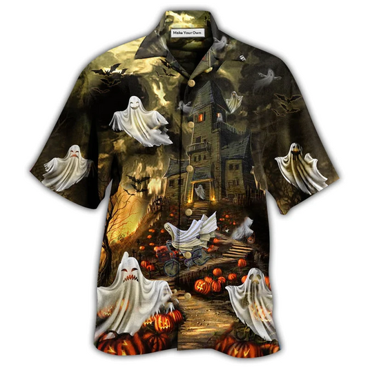 Halloween Night Ghost Hawaiian Shirt Artwork Detail For Tropical Trips And Casual Outings
