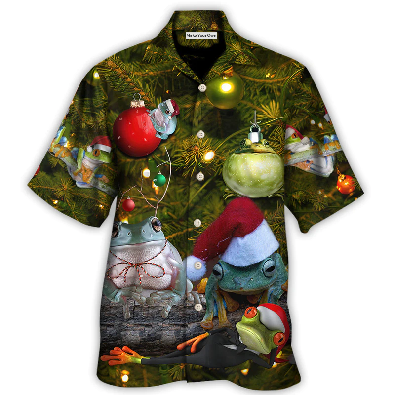 Festive Christmas Frog Hawaiian Shirt Fabric Pattern Detail For Thoughtful Gifting