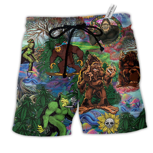 Hippie Bigfoot Peace Life Color Green Hawaiian Beach Shorts For Sunny Getaways And Casual Coastal Wear