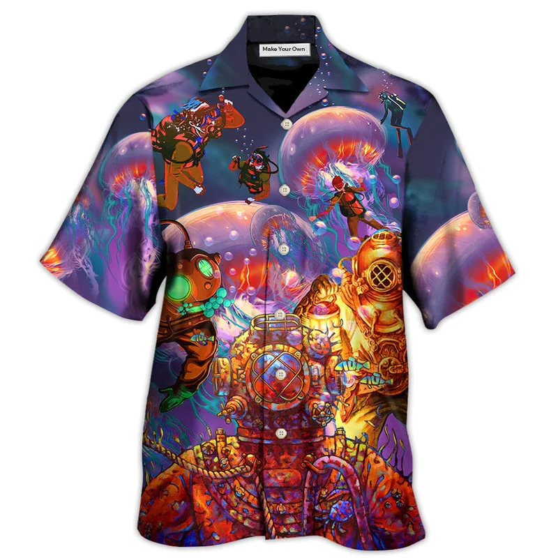 Diving Big Jellyfishes Fantasy Sea Hawaiian Shirt Design View For Casual Summer Styling