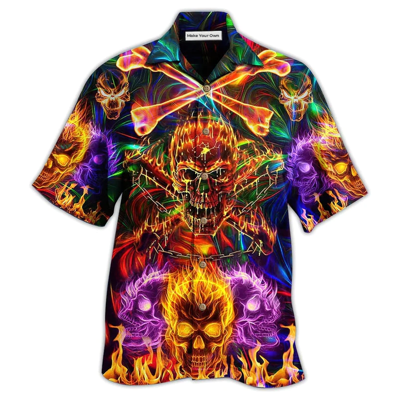 Flame Skull Hawaiian Shirt For Resort Travel Summer Outings And Casual Gatherings