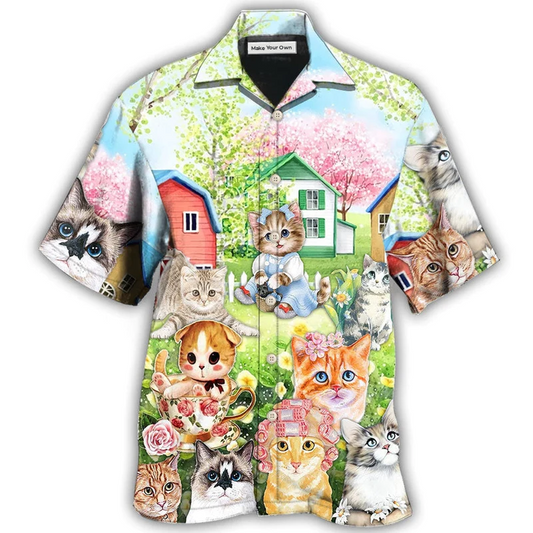 Floral Cat House Hawaiian Shirt For Vacation Days And Relaxed Coastal Outings