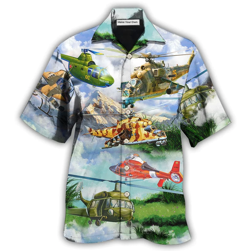 Helicopter And Mountain Landscape Hawaiian Shirt For Beach Parties Vacation Travel And Relaxed Casual Style