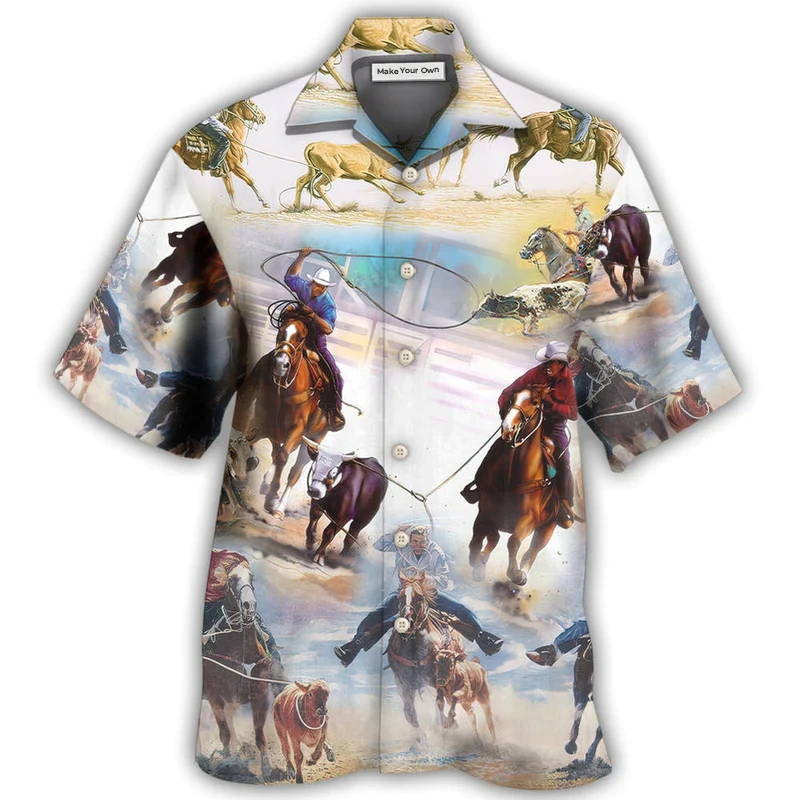 Horse Team Roping Importanter Hawaiian Shirt Artwork Detail For Resort Trips And Outdoor Activities