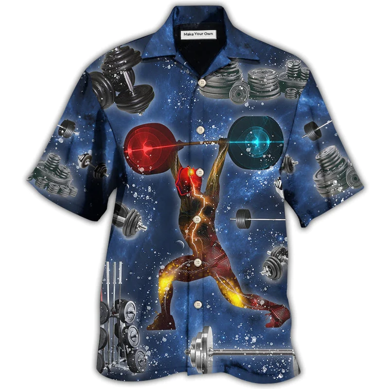 Weightlifting Power Galaxy Hawaiian Shirt Pattern View For Relaxed Warm Weather Outfits