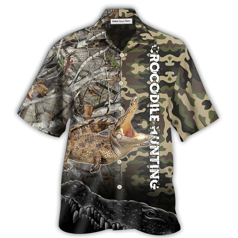 Crocodile Hunting Camo Hawaiian Shirt Pattern Detail For Summer Holidays And Outdoor Fun