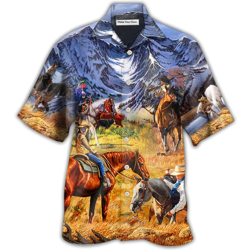 Cowgirl Mountain Sunset Hawaiian Shirt For Summer Vacation And Beach Travel