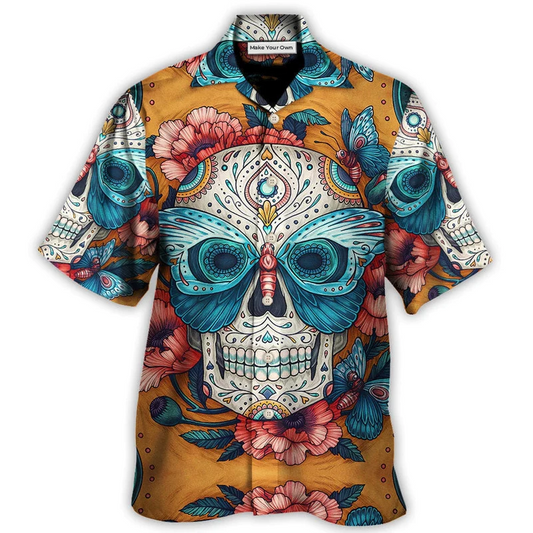 Abstract Vintage Colorful Skull Butterfly Hawaiian Shirt Pattern View For Relaxed Warm Weather Outfits