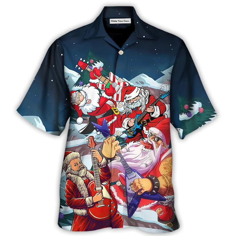 Electric Guitar Christmas Santa Hawaiian Shirt Artwork Detail For Tropical Trips And Casual Outings