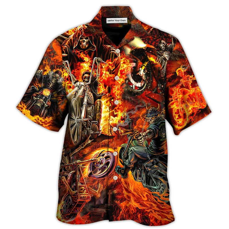 Motorcycle Skull Fire Burning Hawaiian Shirt For Beach Parties And Weekend Getaways