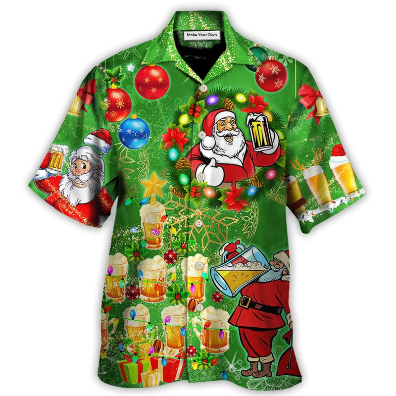 Funny Happy Green Christmas Drinking Beer Tree Hawaiian Shirt Artwork View For Coastal Escapes And Resort Style
