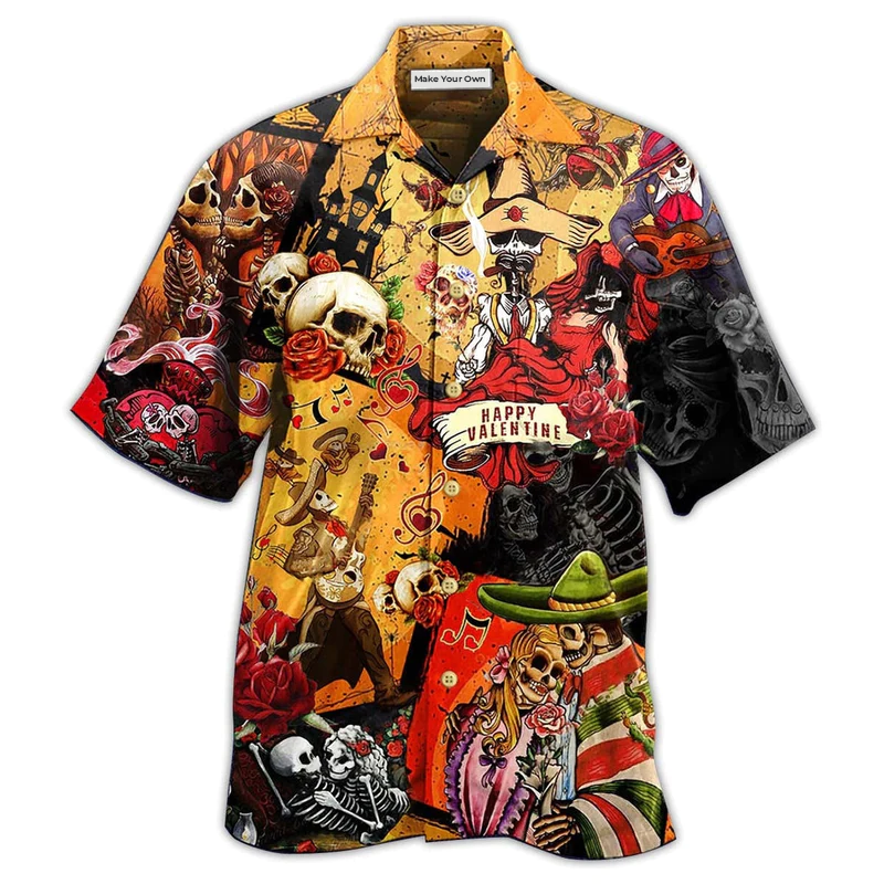 Skull And Valentine Hawaiian Shirt For Tropical Parties Vacation Travel And Casual Summer Style