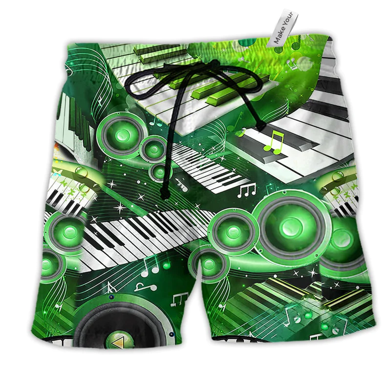 Music Love Green Style So Cool Hawaiian Print Beach Shorts For Music Lover Vacation Wear