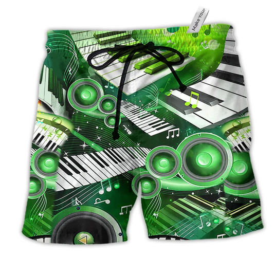 Music Love Green Style So Cool Hawaiian Print Beach Shorts For Music Lover Vacation Wear