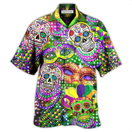 Skull Mardi Gras Hawaiian Shirt Design Detail For Sunny Adventures And Casual Wear