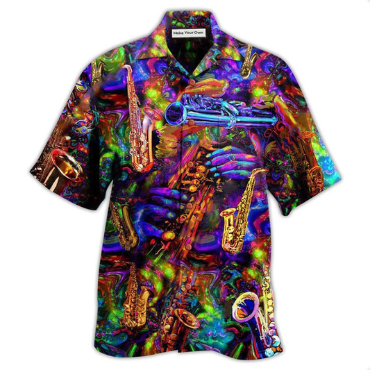 Playful Saxophone Music Hawaiian Shirt For Tropical Holiday Resort Parties And Everyday Style