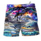 Dolphin Into The Galaxy Hawaiian Print Beach Shorts For Ocean Lover Vacation Wear