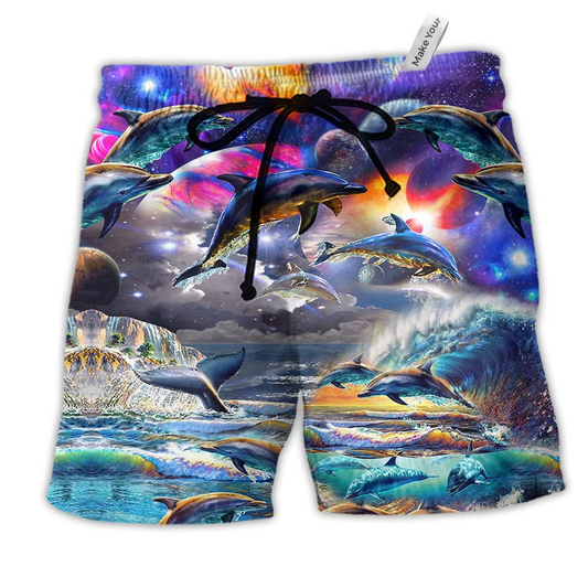 Dolphin Into The Galaxy Hawaiian Print Beach Shorts For Ocean Lover Vacation Wear