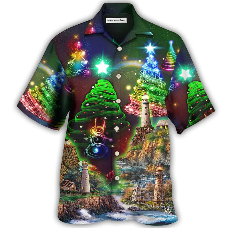 Festive Happy Lighthouse Christmas Hawaiian Shirt Pattern View For Lightweight Everyday Style