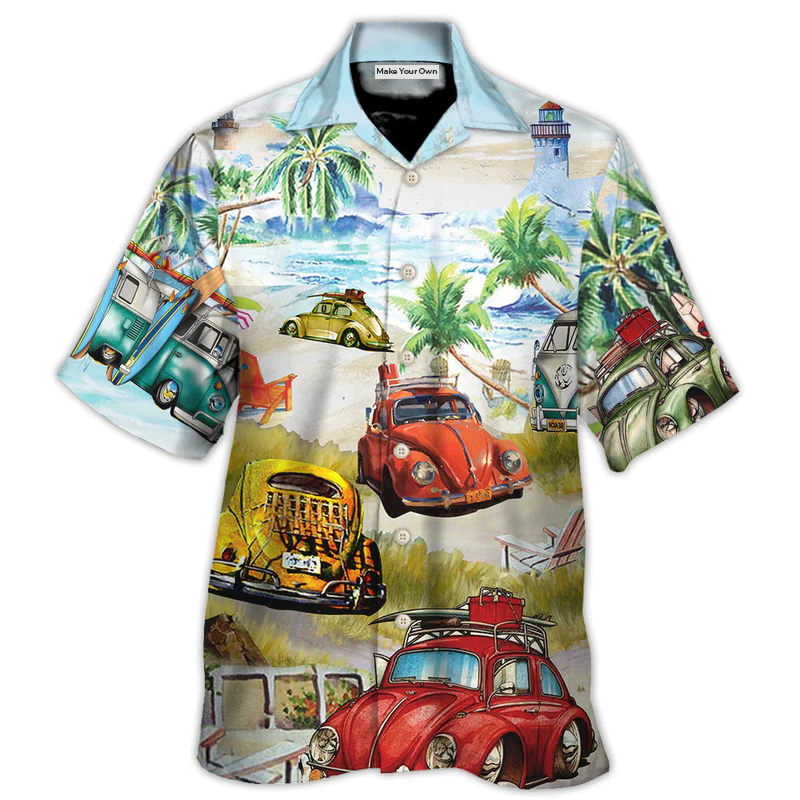 Classic Car And Tropical Beach Hawaiian Shirt For Tropical Travel Beach Gatherings And Comfortable Wear