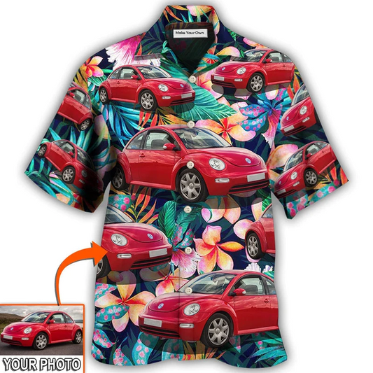 Luxury Tropical Floral Car Beetle Custom Photo Hawaiian Shirt For Summer Events And Casual Outdoor Wear
