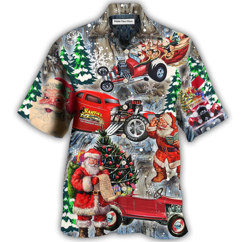 Christmas Playful Hot Rod Hawaiian Shirt For Resort Travel Summer Outings And Casual Gatherings
