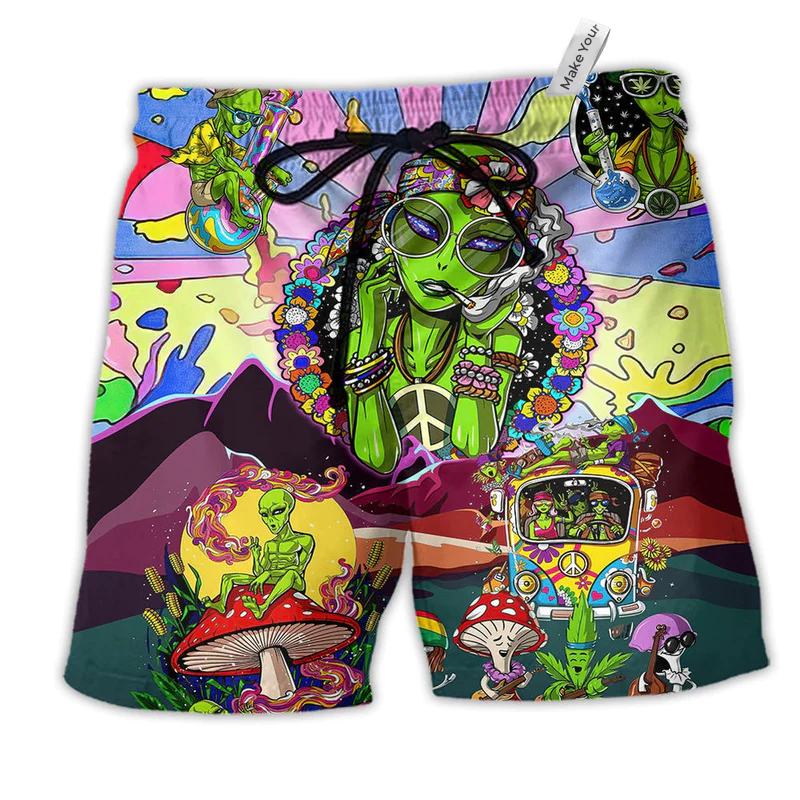 Hippie Alien Peace Life Color Hawaiian Print Beach Shorts For Weekend Adventures And Comfort