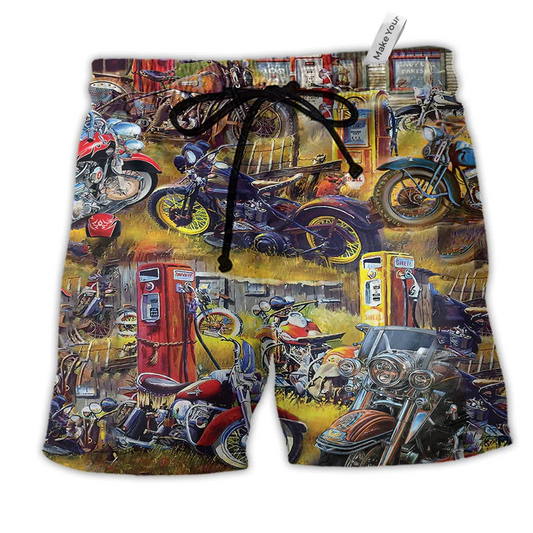 Motorcycle In The Field Hawaiian Print Beach Shorts For Road Trips And Summer Travel
