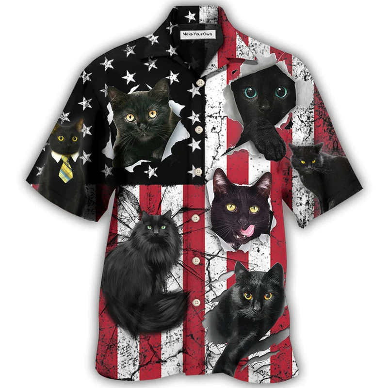 Black Cat Independence Day Hawaiian Shirt For Poolside Relaxation And Sunny Getaways