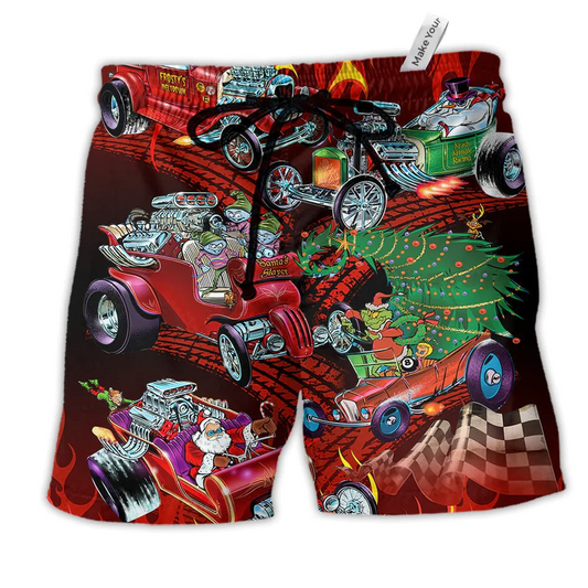 Hot Rod Merry Christmas Cool Hawaiian Print Beach Shorts For Festive Vacation Wear