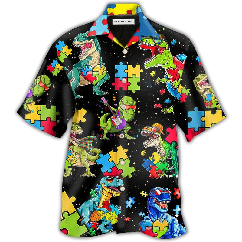 Black Dinosaur Awareness Hawaiian Shirt For Resort Getaways And Comfortable Summer Activities